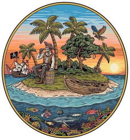 Pirate sitting on an island with boat, paddleboard fishing scene